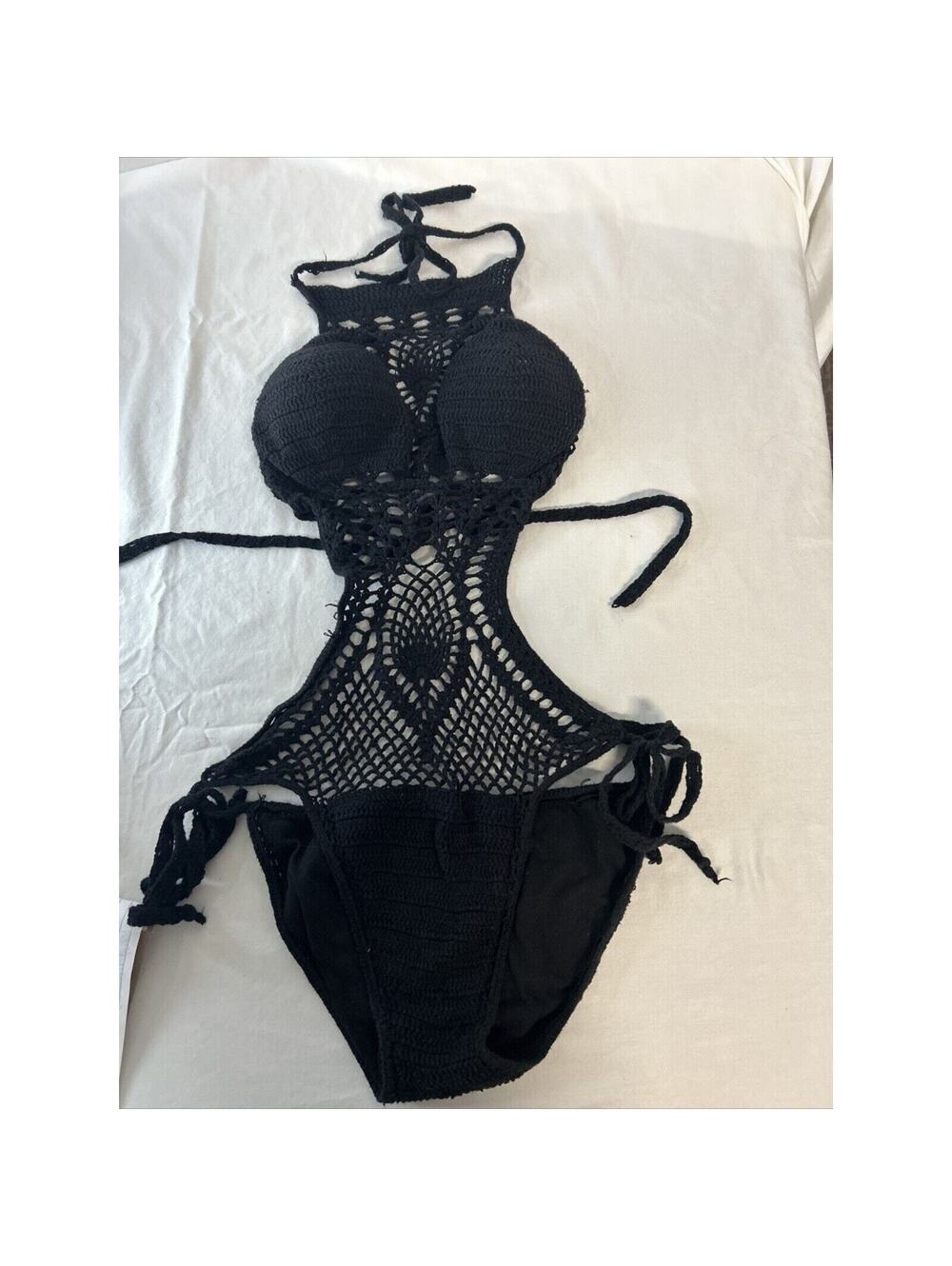 Vintage Crochet Swimsuit Black Boho Cottage Core Adjustable Tie Size Small EUC
